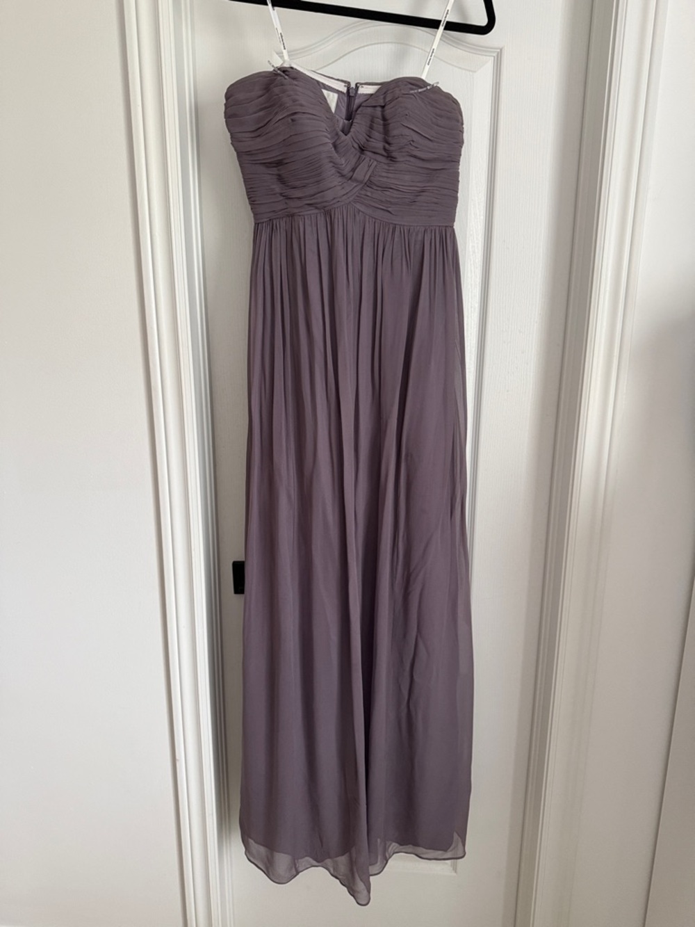 Donna Morgan Strapless Ruched Bodice Chiffon Dress in Light Lilac Gray